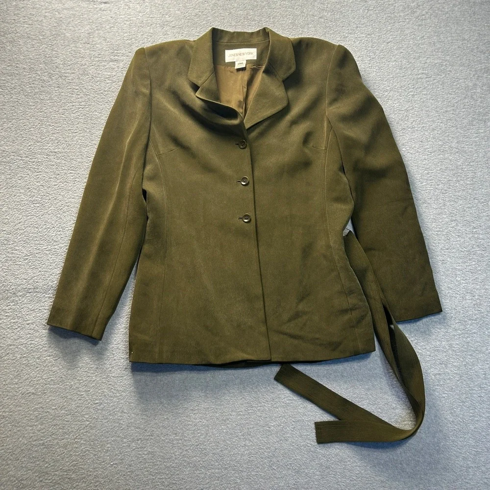 Jones New York Blazer Jacket Womens Olive Faux Suede 10 Belted Career Minimalist